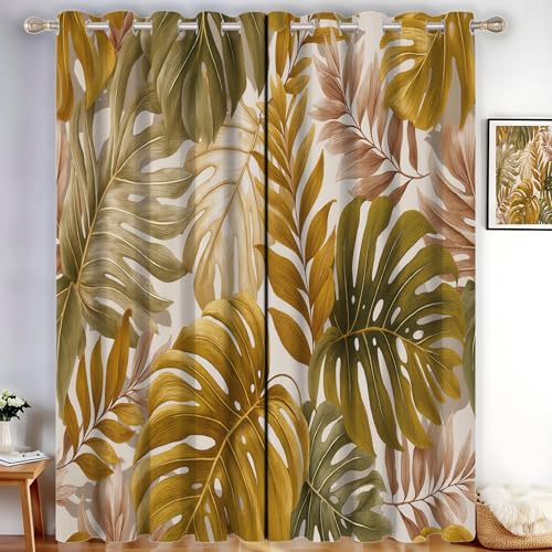 Tende per Finestre con Stampa Monstera Deliziosa Tende Oscuranti Stile Retrò Tropicale 2 Pezzi 140x160cm Tenda Termica Isolanti Anti-Rumore con Anelli per Camera da Letto e Soggiorno, Marrone Chiaro