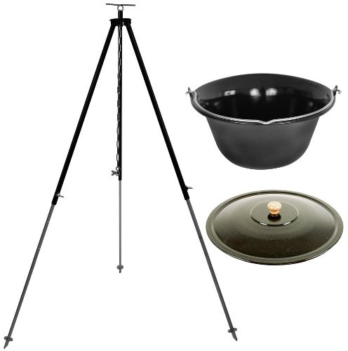 GRILLPLANET ungarischer Gulaschkessel 10 Liter emailliert mit Dreibein-Gestell 180 cm Kettenhöhenverstellung und Deckel/Gulasch-Topf, Glühwein-Kessel Suppentopf Set | Kesselgulasch Topf