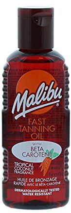Malibu - Aceite de bronceado rápido resistente al agua con betacarotenos y fragancia a coco tropical (100 ml, marrón)