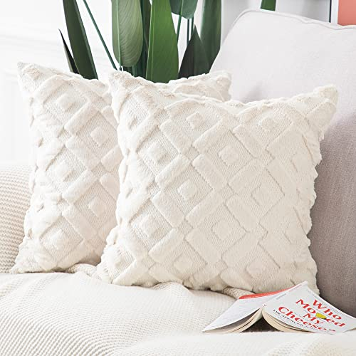Madizz 2 Stück Weiche Plüsch Kurze Wolle Samt Dekorative Kissenbezüge geometrisch Luxus Stil für Sofa Schlafzimmer Beige 40 x 40 cm