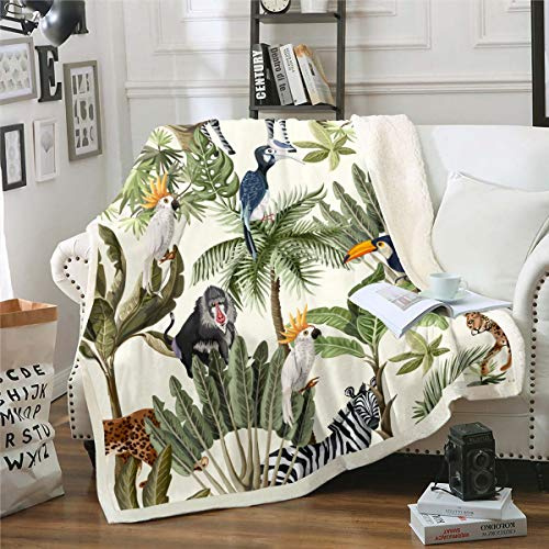 Loussiesd Palm Tree Print Blanket for Sofa Couch Bed Leopard Zebra Fleece Throw Blanket Decorative Tropical Nature Theme Sherpa Blanket Wild Animal Pattern Plush King 87*94