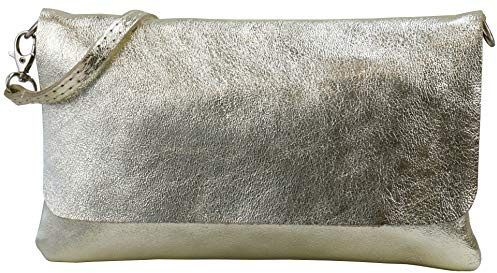 SH Leder Echtleder Umhängetasche Clutch kleine Tasche Abendtasche 24,50x15cm Ely G149 (Hellgold)
