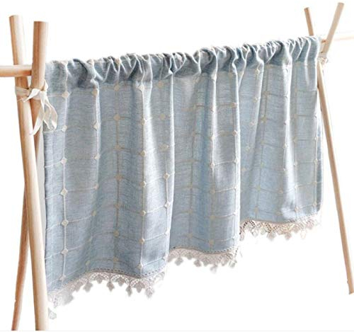 Küchengardine Leinen Vorhänge Landhaus Scheibengardine Mit Spitze Gardine Blau Kariert Kurzstores Kleinfenster Tür, 1er-Set