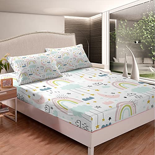 Homemissing Karikatur Mond und Sterne gedruckt Spannbettlaken 90x200cm Boho Exotisch Dekor Spannbetttuch für Kinder Jungen Süße Wolken und Regenbogen Bettlaken Set Galaxis Schön Zimmer Dekor 2St