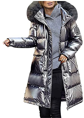 Piumino lungo da donna, piumino invernale con pelliccia, caldo parka invernale, spesso trapuntato, casual, con cappuccio, argento, XL