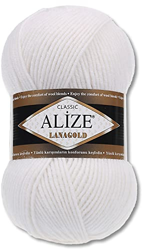 Wohnkult Alize 100 g Lanagold Premium Wolle 51 Auswahl Mützen Decken Kleidung Accesoire (55 | Weiß)