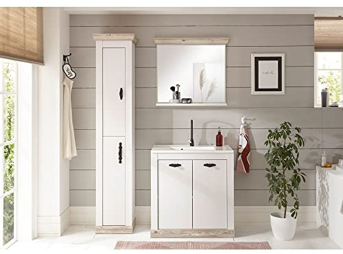 Lomadox Badezimmer Set inkl. Mineralgusswaschbecken in Pinie weiß Nb. mit Absetzungen in Pinie dunkel Nb., B/H/T: ca. 143/200/46 cm