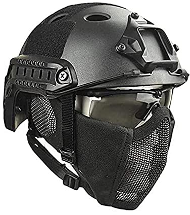 PJ Taktischer Fast Helm & Protect Ear Faltbare Doppelriemen Half Face Mesh Maske & Goggle Set für Airsoft Paintball CS Anti-Riot Helm