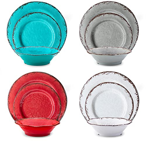 LEHAHA Juego de vajilla rústica de melamina sin BPA, perfecto para fiestas de comedor en interiores y exteriores, camping, juego de vajilla irrompible de 12 piezas, servicio para 4 personas