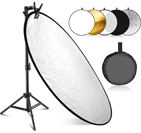 NEEWER 43/110cm Light Reflector Kit, 5 in 1 Collapsible Round Reflector (Translucent/Silver/Gold/White/Black), Metal Clamp and 21-43”/53-110cm Short Stand for Low Angle Children Studio Photography