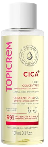 Topicrem - CICA+, Huile Concentrée Vergetures et Cicatrices - Atténue, Aide à Prévenir, Apaise, Hydrate 24h - Soin Visage et Corps pour Peaux Sensibles - Fini Non Gras, Non Collant - 100 ml