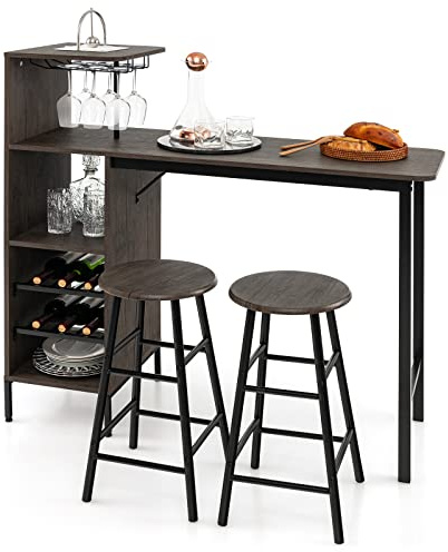 TANGZON 3 Pieces Bar Table Set, Steel Frame Dining Table and 2 Stools with Wine Racks, Glass Holders, Open Shelves & Footrest, Breakfast Dining Furniture Sets for Home Kitchen Pub Cafe (Brown)