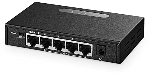 Binardat Poe Gigabit Switch 5 Ports, 4 Ports Poe+ 1000Mbps, Liaison Montante 1 Gigabit, ieee802.3af/at, Alimentation 65w, Mini boîtier métallique Non géré Plug-and-Play