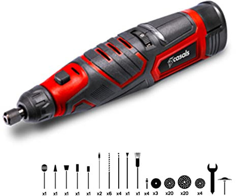 CASALS - Mini amoladora eléctrica de 12V | Multiherramienta con 73 accesorios | Amoladora recta con regulador de velocidad | 6 velocidades (500-25.000RPM) | Herramientas de bricolaje profesional