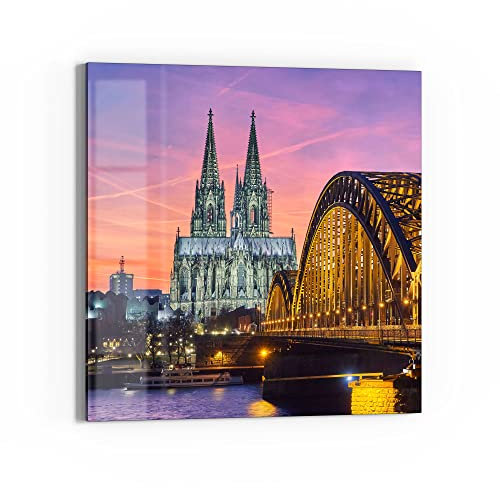 DEQORI Glasbild Echtglas | Motiv Kölner Wahrzeichen abends | quadratisch einteilig 50x50 cm | schöne Dekoration | Wandbild für Wohnzimmer, Schlafzimmer, Flur & Küche | moderne Wanddeko