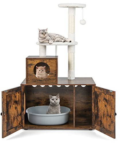 COSTWAY Kratzbaum mit Katzenschrank, All-in-One Katzenhaus aus Holz, Katzenkratzbaum mit Eingang, Höhle, Sisalstamm & Spielball, Katzenmöbel Katzenbaum, Katzen Spielhaus, 77,5x49x132 cm (Vintagebraun)