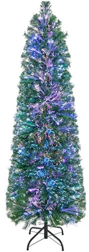 COSTWAY 150cm Árbol de Navidad Artificial de Fibra Óptica, 190 Luces LED, 361 Puntas de Rama, Árbol de Navidad en Forma de Lápiz Preiluminado, Soporte de Metal Plegable, Navidad Decoración (150cm)