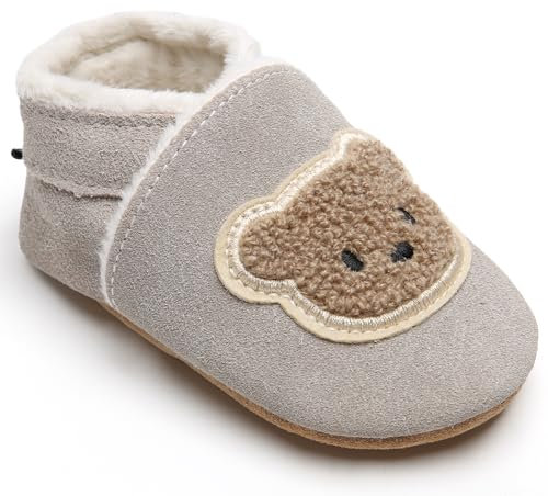 IceUnicorn Krabbelschuhe Baby Winter Lauflernschuhe Baby Gefüttert Lederschuhe Babys Weiche Leder Wildledersohlen Lederpuschen(Grauer Bär P, 12-18 Monate)