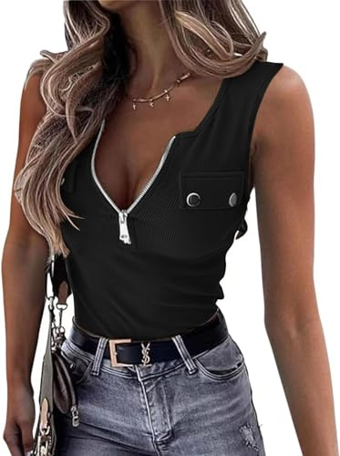 ELFIN Canottiera da Donna a Coste Estiva Sexy con Collo Sciallato Senza Maniche Slim Fit Basic