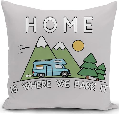 KUNQIAN Regalo del Propietario de la Autocaravana Gris Claro Caravan Camping Home is Where We Park it Throw Cushion Cover Decor Holiday Coach Bed Sofa 40x40cm