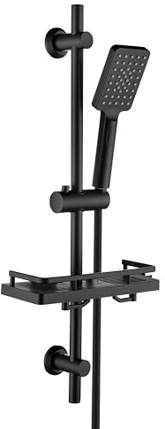 Görbach Colonna Doccia in Acciaio inox con Mensola per doccia, Barra Doccia 70cm Asta Doccia Saliscendi con Doccetta a 3 Getti, Supporto per Soffione Doccia e Tubo per Bagno Rettangolare nero opaco