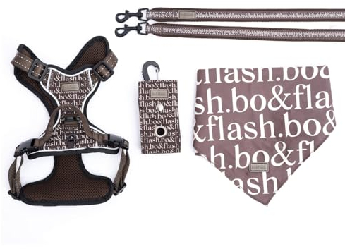 bo&flash Hundegeschirr Set Boston mit robuster Leine – Bequemes Brustgeschirr für unterwegs – 4 tlgs. Atmungsaktives Zuggeschirr mit charmantem Halstuch für große Hunde – Taupe – L
