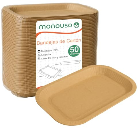 Monouso | 50 Bandeja de Cartón Kraft 15×23 cm | Rectangular Compacta | Resistente al Aceite y Calor | Ideal para Degustaciones y Catering