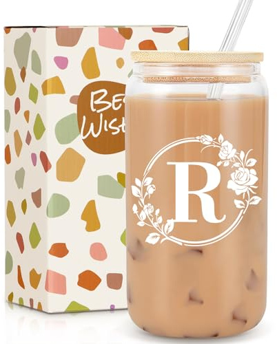 Gifts for Women, Birthday Gifts for Women, Personalised Monogrammed Gift, 16oz Initial Glass Cup with Lids Straws, Personalised Custom Cute Glass Cup for Mom, Teachers, Friends, Initial R
