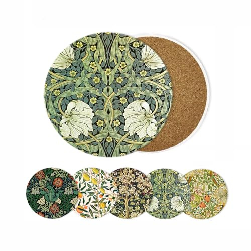 HUXJOKO Coasters for Drinks Set of 6,William Morris Floral Pattern Absorbent Ceramic Coaster,Round Stone Mat,with Cork Base and Metal Holder for Coffee Table Room Bar Home Decor Housewarming Gifts
