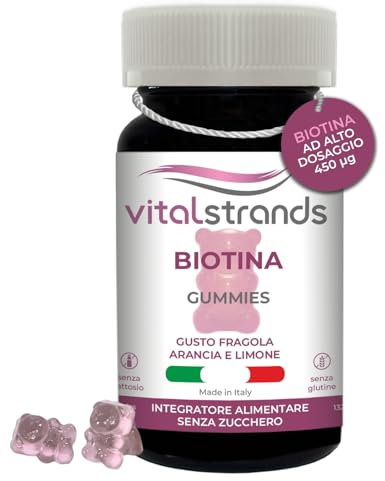 VITALSTRANDS | Biotina Capelli e Unghie ad alto dosaggio | Orsetti Gommosi Capelli | Integratori per Capello Donna e Uomo con Vitamina B 7 | 60 Gummies Gusto Fragola Arancia Limone