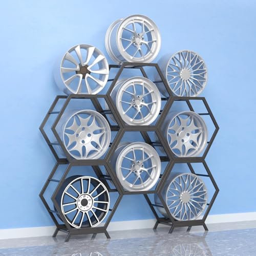 Däckställ Hexagon Staplingsbar Däckfälg Displayställ, Kraftig Stålram Däckhjulsfälgstativ, Rymmer 9 Däckfälgar, Bildäck Butiker Arrangör Showroom Display Vägg Dekor