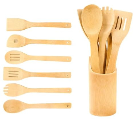 Click Bargain Cooking Utensils Set, 13.5 Inch, Bamboo Spoon and Spatula Set, Safe for Nonstick Cookware, Wooden Kitchen Tools, 7 Pieces