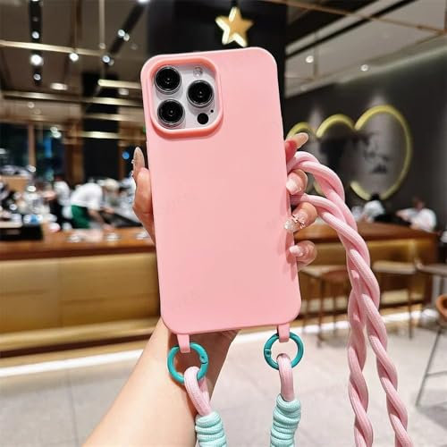 FYYFTYT Custodia per telefono con cordino a tracolla color caramella di lusso per iPhone 15 14 Plus 13 12 Mini 11 Pro Max Cover posteriore in morbido silicone TPU, rosa, per iPhone 13 Mini