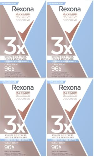 Rexona Maximum Protection Deo Creme Clean Scent Anti Transpirant mit 3x Schutz bei Stress, Hitze & Bewegung 96H extremer Schutz 45 ml (Packung mit 4)