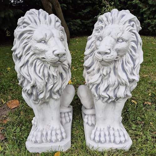 FABRIQ Groß Löwen Figur, Set 2 x löwe Figur, Steinfigur, 53 cm, Shwarz, Wetterfest, 78 kg, für Tor und Grundstück, frostsicher aus Steinguss für Außenbereich (GRAU)