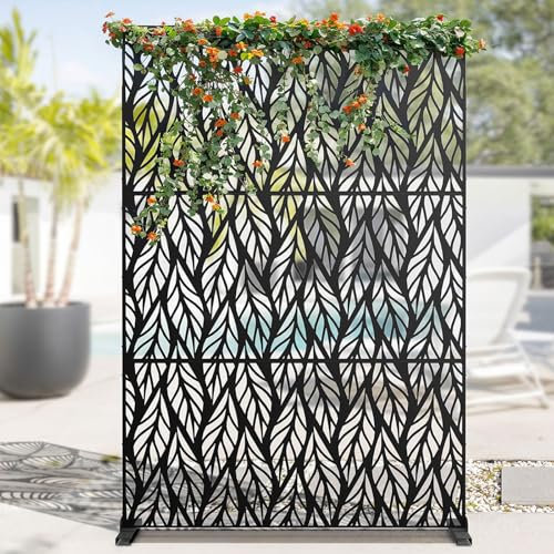 Kingsyard Metal Privacy Screen, 72H x 47W Outdoor Privacy Screen Freestanding, Decorative Balcony Privacy Screen and Panels for Patio Lawn Deck, 21.6 Wider Stand Outdoor Privacy Panels, Beech Leaf