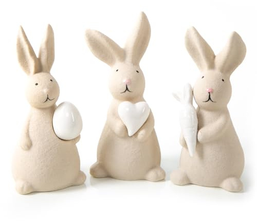Logbuch-Verlag 3 påskhare porslin figurer gräddvit med hjärta morot och påskägg påskdekoration stående 13,5 cm