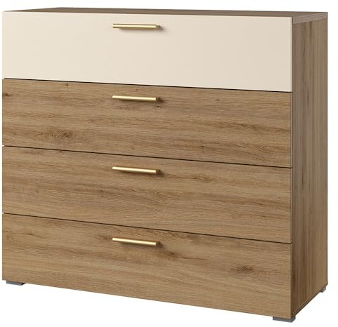 Lomadox Kommode Anrichte Schubladenkommode Schrank 4 Schubkästen in Eiche mit beige Griffe goldfarben 100x91,4x40,5 cm