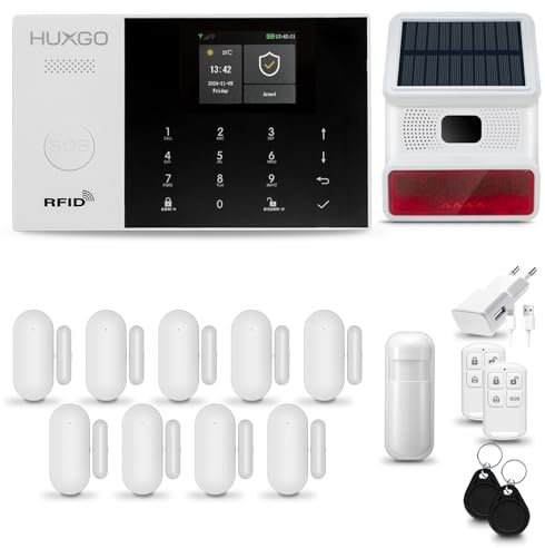 Sistema de Alarma inalámbrico con Sirena Solar Exterior WiFi + gsm 4G | Kit de Alarma con 1 Sensor de Movimiento y 9 alarmas de Puerta/Ventana | Idioma Español | HUXGO® HXA005