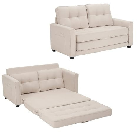 A ALFRESCOOL Sofa für 2 Personen, Sofa mit Schlaffunktion, modernes Design, Polstermöbel, Schlafsofa, Wohnzimmersofa, Sofa mit Taschen an der Seite, Polstersofa Cremefarben