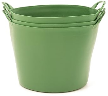 BiGDUG Plastic Flexi Tubs (42 Litre) - Pack of 3 - Recycled Green - Heavy Duty Trugs Flexible Storage Bucket - Multi Purpose Round Container