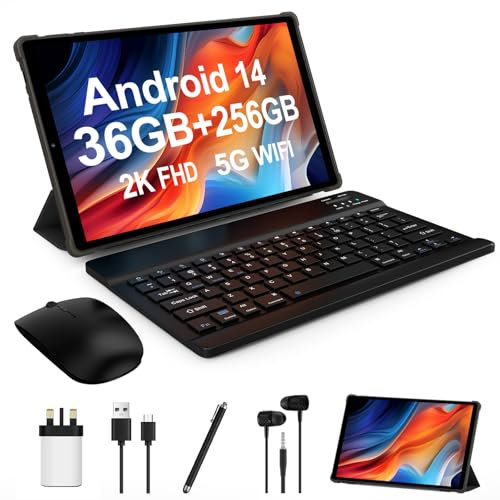 FLYCOAY Android 14 Tablet 10,3 Inch, Octa-Core 2.0 GHz, 2K FHD, 2.4G+5G WiFi, 36GB RAM+256GB ROM (2TB TF), 8000mAh,13MP+8MP, GPS, Bluetooth 5.0, Face ID, Tablet with Keyboard, Mouse(Gray)
