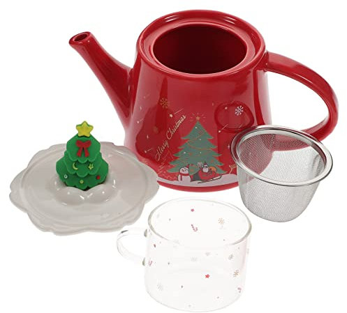 HOLIDYOYO Set Teiera in Ceramica Natalizia Tazza Sovrapponibile, Design Decorativo a Tema Albero Di Natale, Strumento Per Servire Tè Da Casa, Pratico Set Da Tè Natalizio Retrò