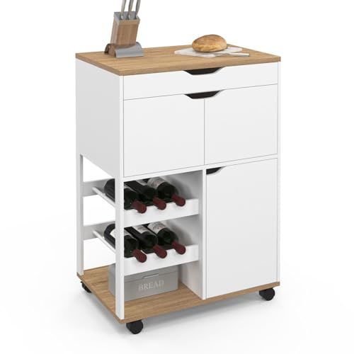 IDMarket - Küchenwagen COSY mit Schränken und Flaschenablage aus Holz und Weiß | Mit Schrank, L. 60 cm / 23,6