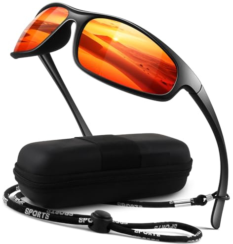 LINVO Solglasögon män polariserad sport kvinnor 100% UV400 skydd ultralätt omslutande ram körning fiske, A03 svart orange röd, Medium