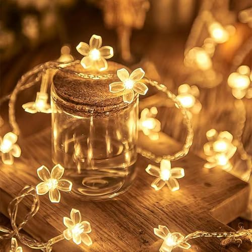 Koboko Catena luminosa a fiori, 6 m, 40 LED, motivo fiori di ciliegio, funzionamento a batteria, luce bianca calda, decorativa per giardino, matrimonio, interni, esterni, terrazza, alberi