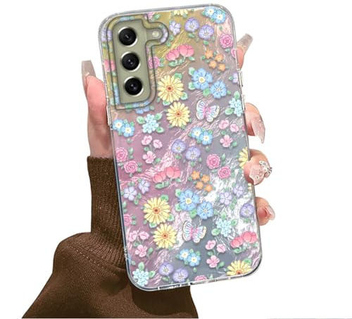 Tedyhulle Fodral för Samsung Galaxy S22 Plus, Söt Estetiskt Blommönster, Snygg Färgrik Tunn Mjuk TPU Stötdämpande PC Skyddsfodral för Kvinnor Flickor Estetiskt Glitter