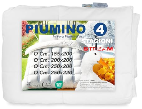 Tex family Piumino d’Oca Stream 4 Stagioni – 80% piuma 20% piumino, 150+500 gr unibili, trapuntatura a cassettoni, bianco - Cm. 250x200