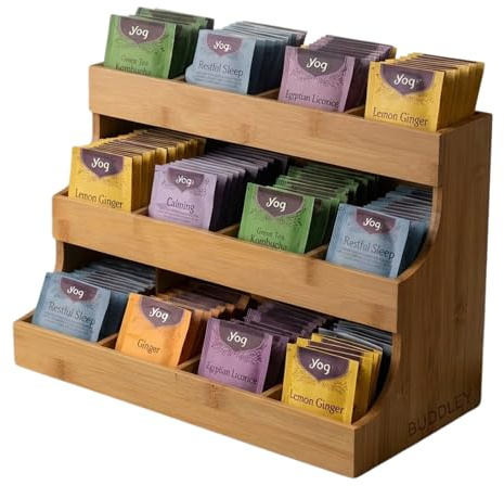 BUDDLEY Tee Organizer Bambus mit 12 Fächern - Teebeutel Aufbewahrung, Teebeutel Organizer, Teeregal, Teebeutel Spender für Küche und Büro, FSC-zertifiziert