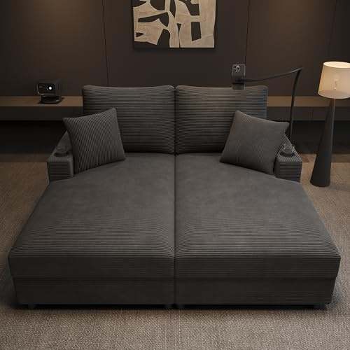 BEJUDYTT XXL-Doppelschlafsofa mit Schlaffunktion, gepolsterter Liegefunktion, Handyhalterung, USB-Anschluss und Getränkehalter. Geeignet für Wohnzimmer, Schlafzimmer oder Heimkino (Grau)